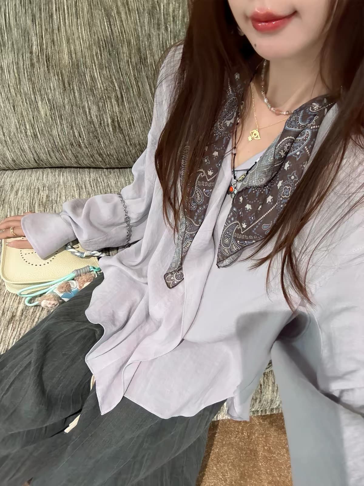 장 수렴성의 수렴성의 26 이른 가을 목 객실 제직 색상 라벤더 리넨 면화 루즈핏 수 있습니다. 언 로딩 스카프 긴팔 셔츠 이미지 2