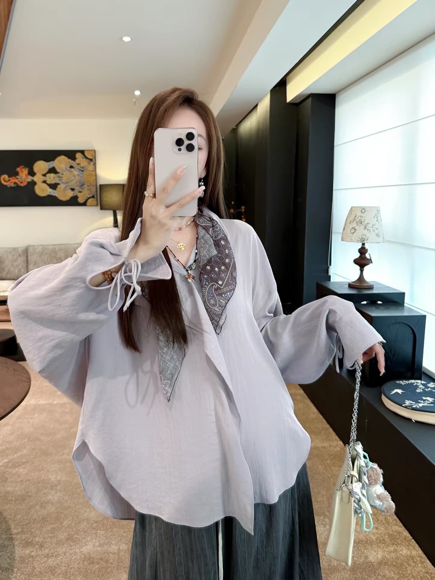 장 수렴성의 수렴성의 26 이른 가을 목 객실 제직 색상 라벤더 리넨 면화 루즈핏 수 있습니다. 언 로딩 스카프 긴팔 셔츠 상세 이미지 1