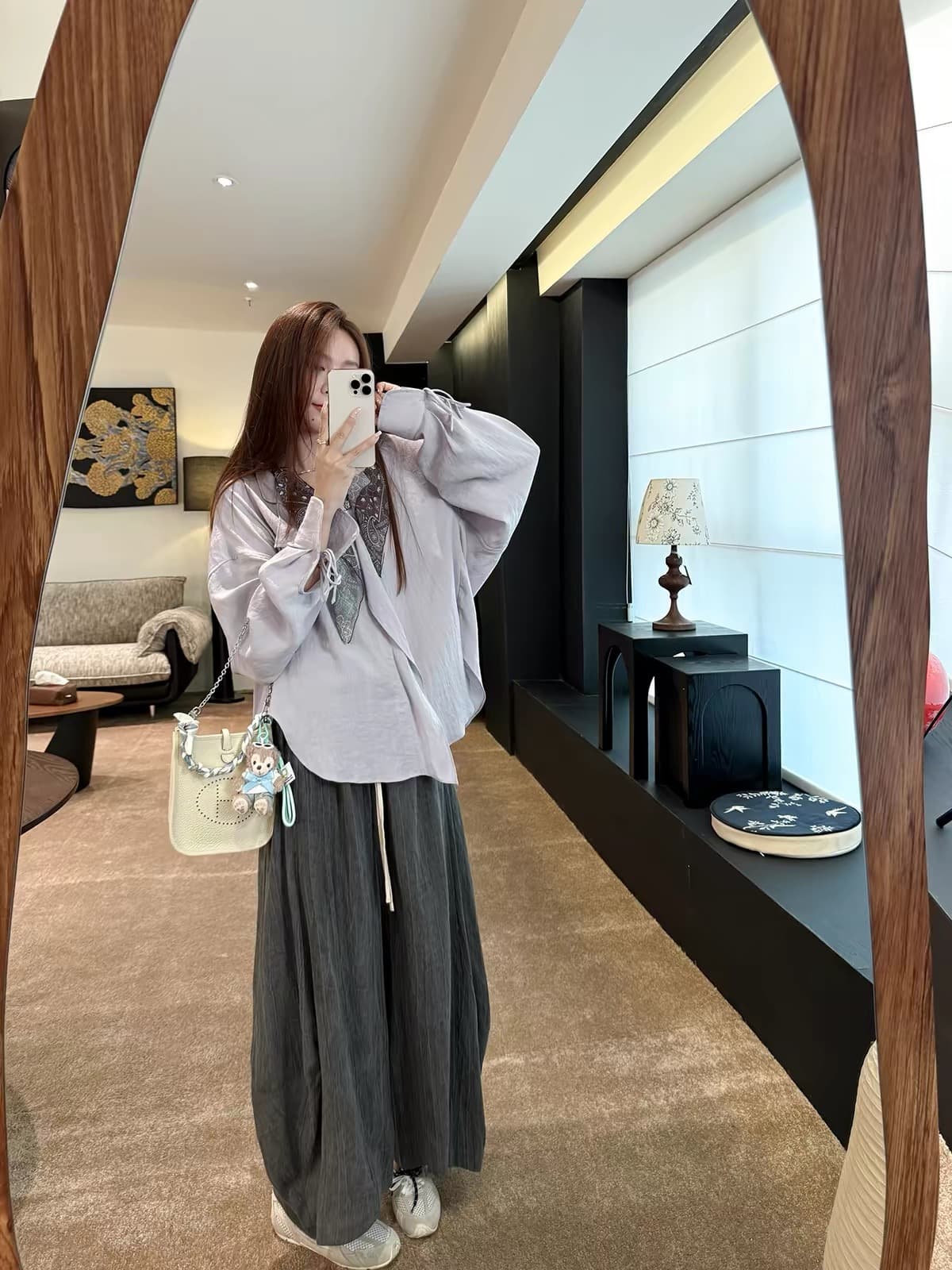 장 수렴성의 수렴성의 26 이른 가을 목 객실 제직 색상 라벤더 리넨 면화 루즈핏 수 있습니다. 언 로딩 스카프 긴팔 셔츠 상세 이미지 3