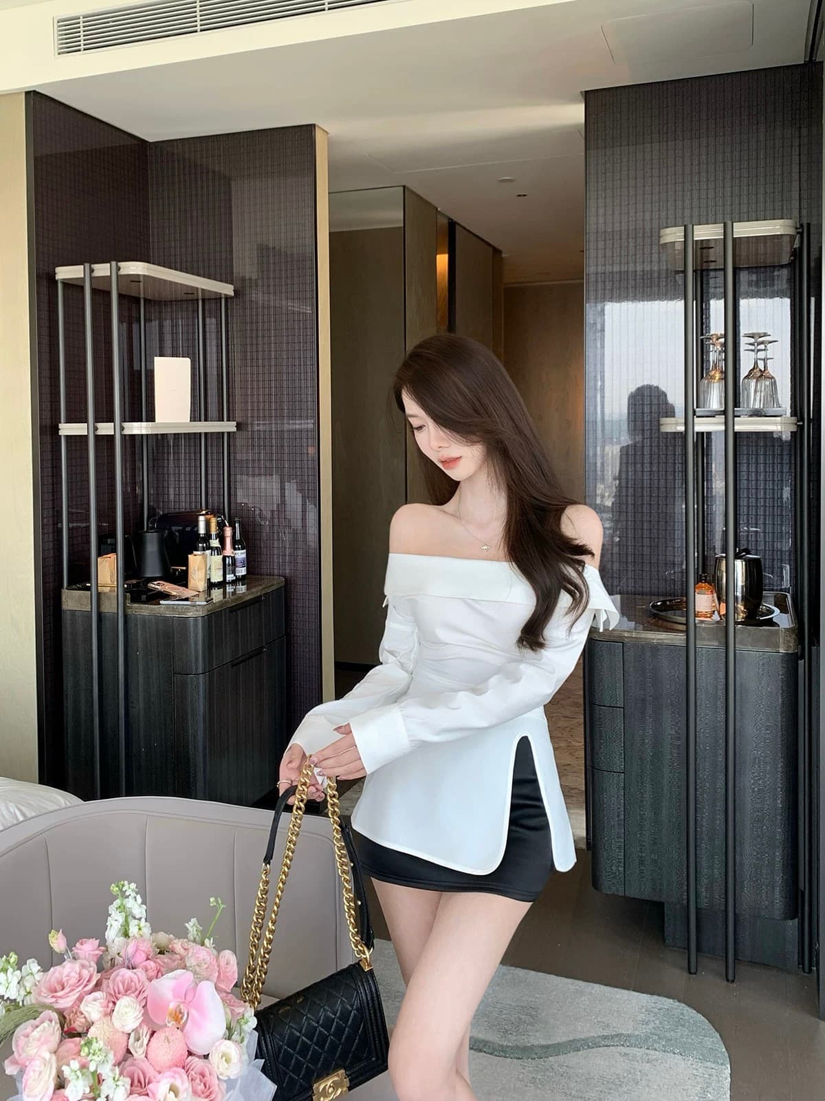 justqin 하얀 달빛 2026 새로운 가을 의상 허리 수축 화이트 맨위 몸매 가꾸기 오프숄더 여성 셔츠 상세 이미지 1