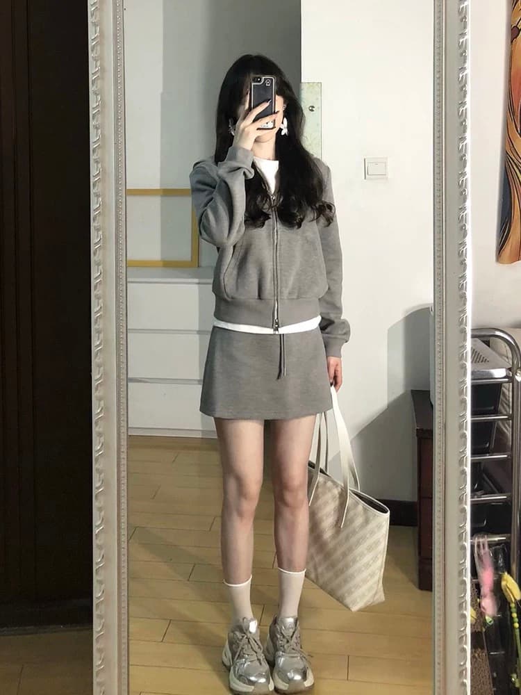 아메리칸 레트로 회색 후드티 후드 재킷 반 스커트 투피스 세트 루즈핏 슬림해 보이는 캐주얼 스포츠 슈트 여성 가을 이미지 3