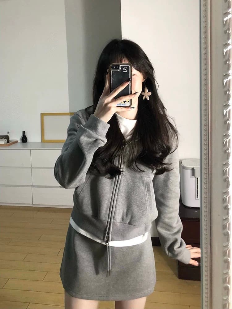 아메리칸 레트로 회색 후드티 후드 재킷 반 스커트 투피스 세트 루즈핏 슬림해 보이는 캐주얼 스포츠 슈트 여성 가을 상세 이미지 1