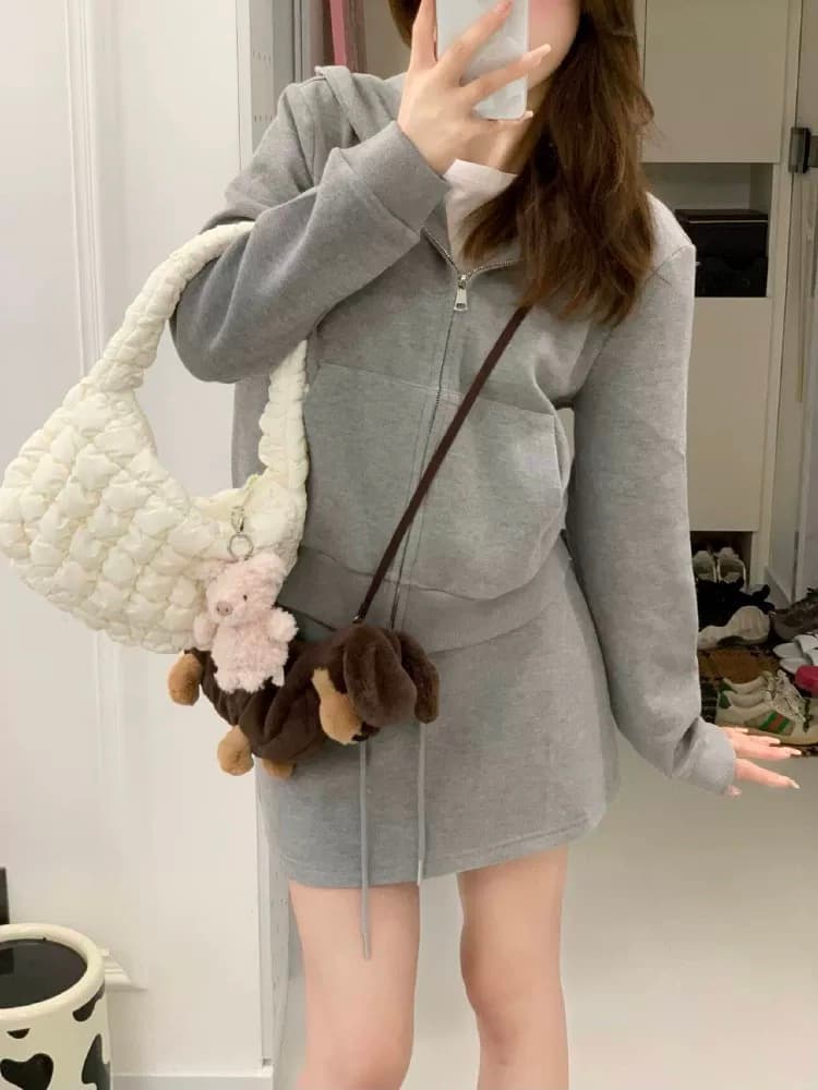 아메리칸 레트로 회색 후드티 후드 재킷 반 스커트 투피스 세트 루즈핏 슬림해 보이는 캐주얼 스포츠 슈트 여성 가을 상세 이미지 3