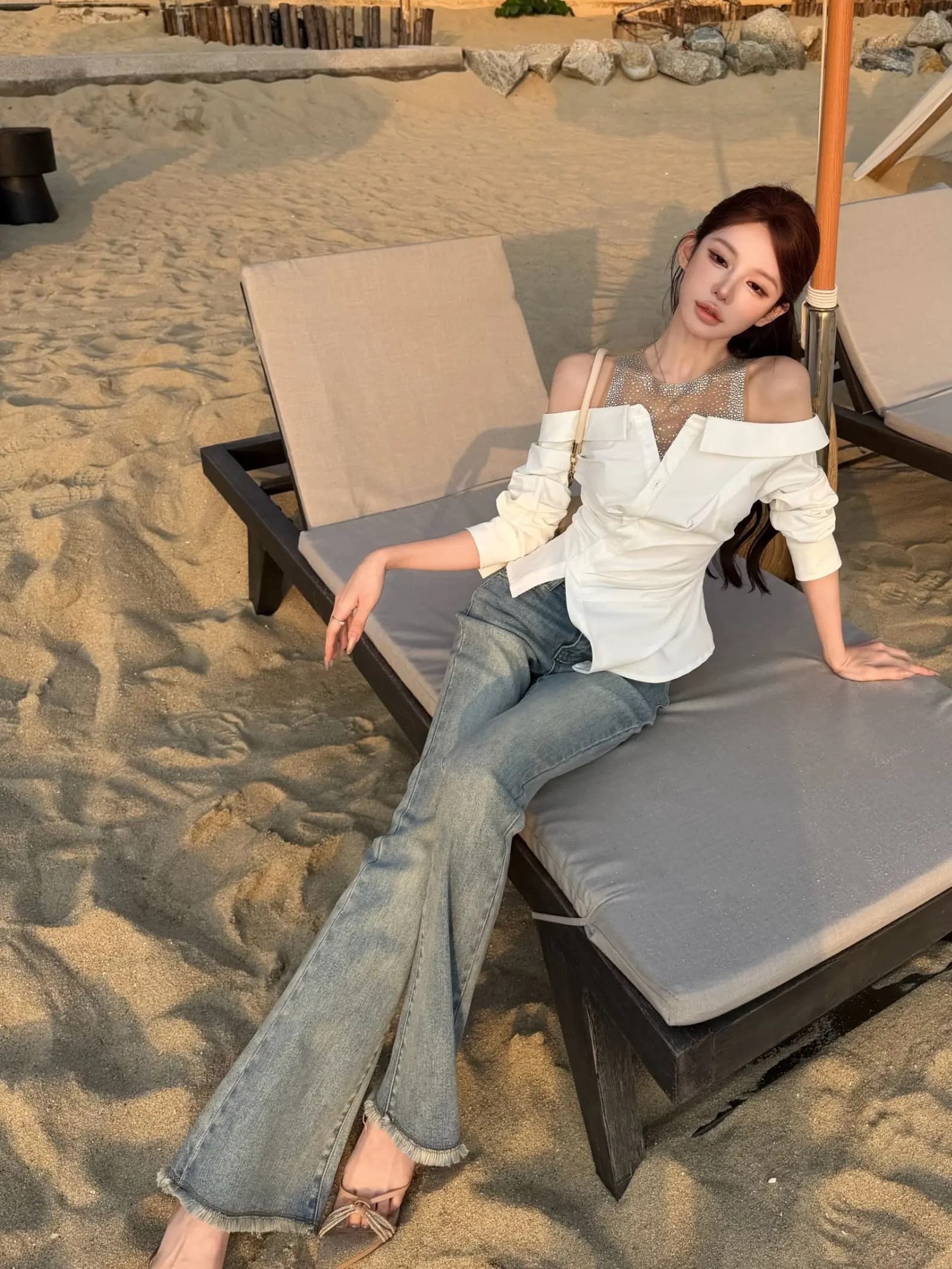 핑크색 아름 답 고 요염하다 여성 주님 디자인 센스 페이크 레이어드 무거운 작업 핫픽스 셔츠 맨위 여성 상세 이미지 3