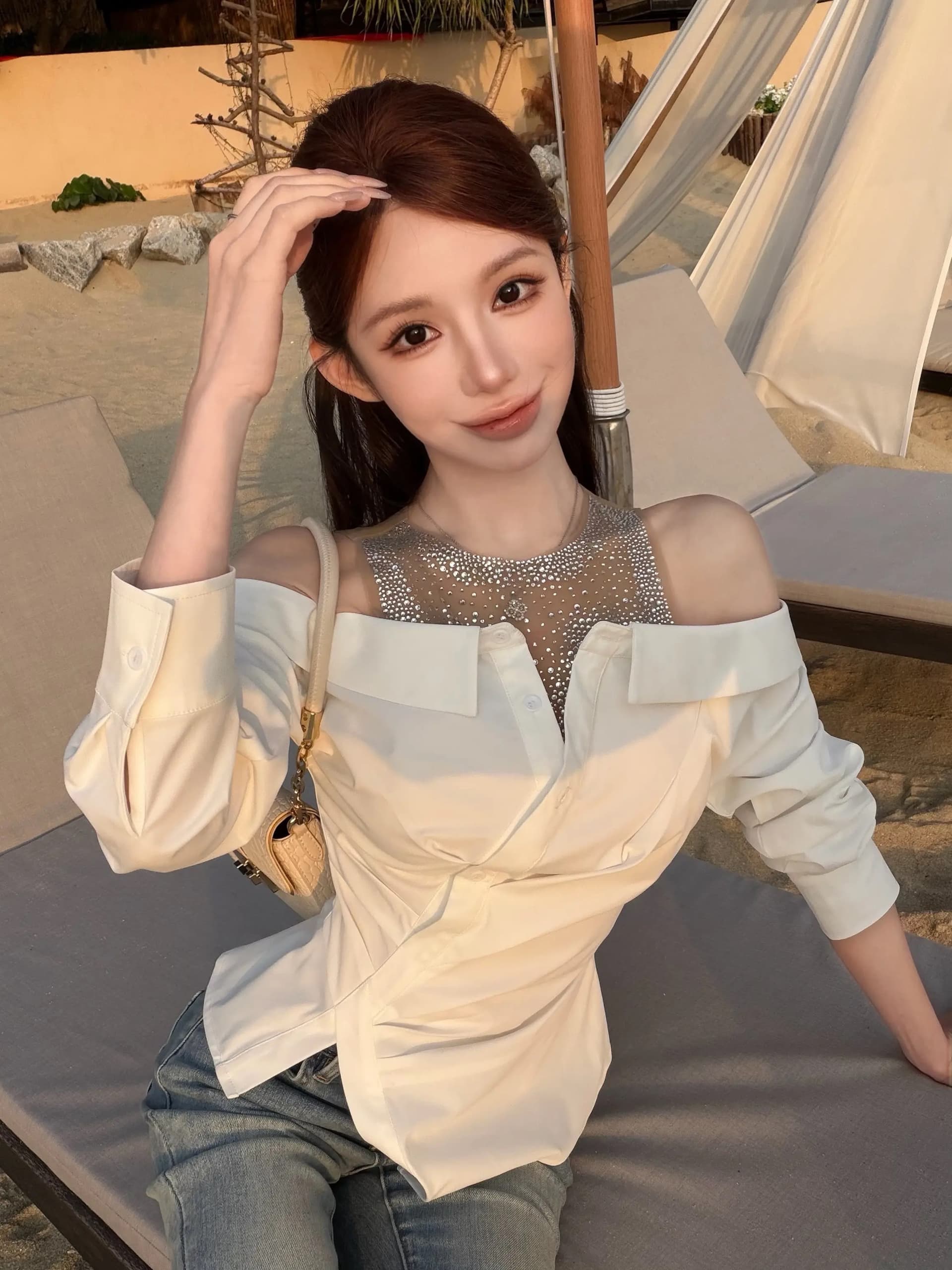 핑크색 아름 답 고 요염하다 여성 주님 디자인 센스 페이크 레이어드 무거운 작업 핫픽스 셔츠 맨위 여성 상세 이미지 5