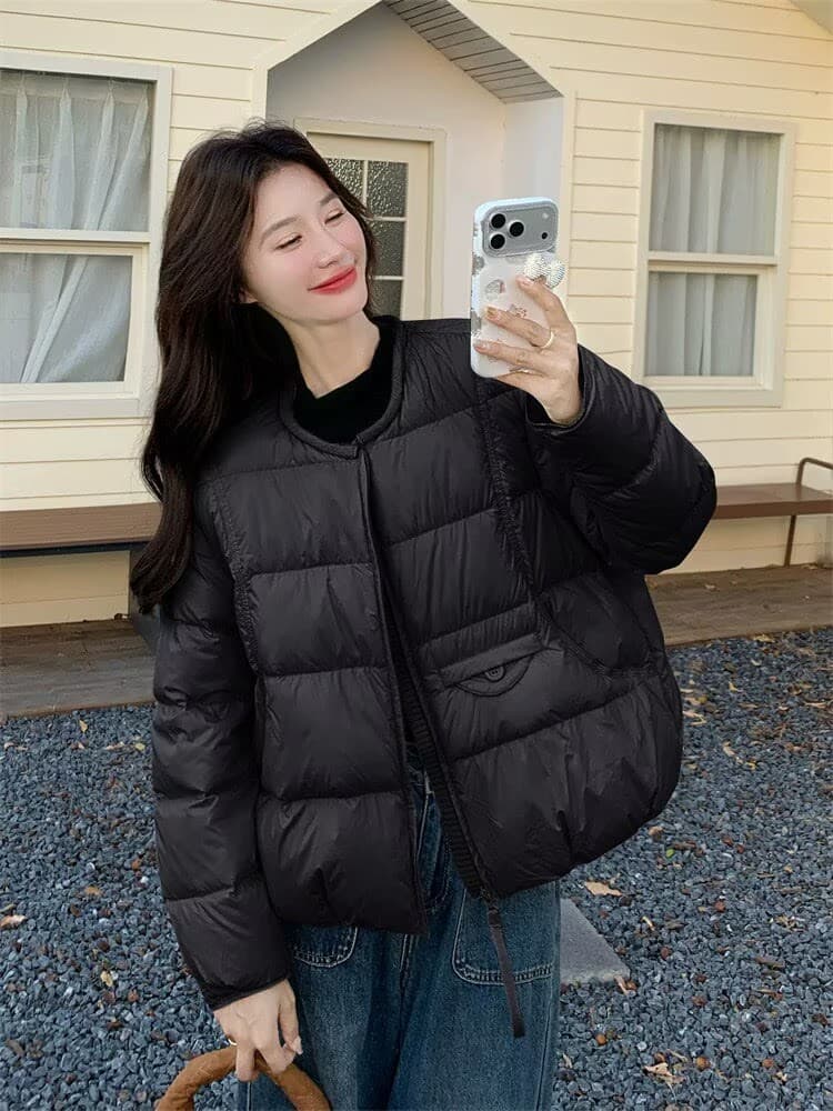 패션 라운드 넥 다운 재킷 여성 2026 겨울 새로운 루즈핏 슬림해 보이는 다용도 보온 아래 면화 의류 여성 코트 이미지 2