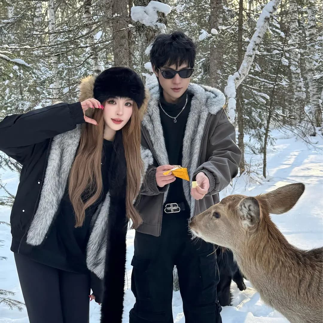 아메리칸 늑대 왕 모방 fall 털 후드 면 의류 남녀 겨울 털이 있는 좌 산 조각 면 옷 큰 모피 칼라 커플 두꺼움 재킷 상세 이미지 1