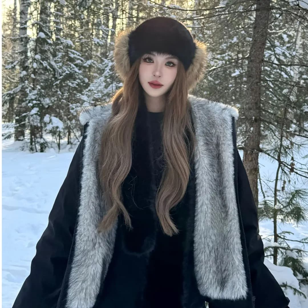 아메리칸 늑대 왕 모방 fall 털 후드 면 의류 남녀 겨울 털이 있는 좌 산 조각 면 옷 큰 모피 칼라 커플 두꺼움 재킷 상세 이미지 5