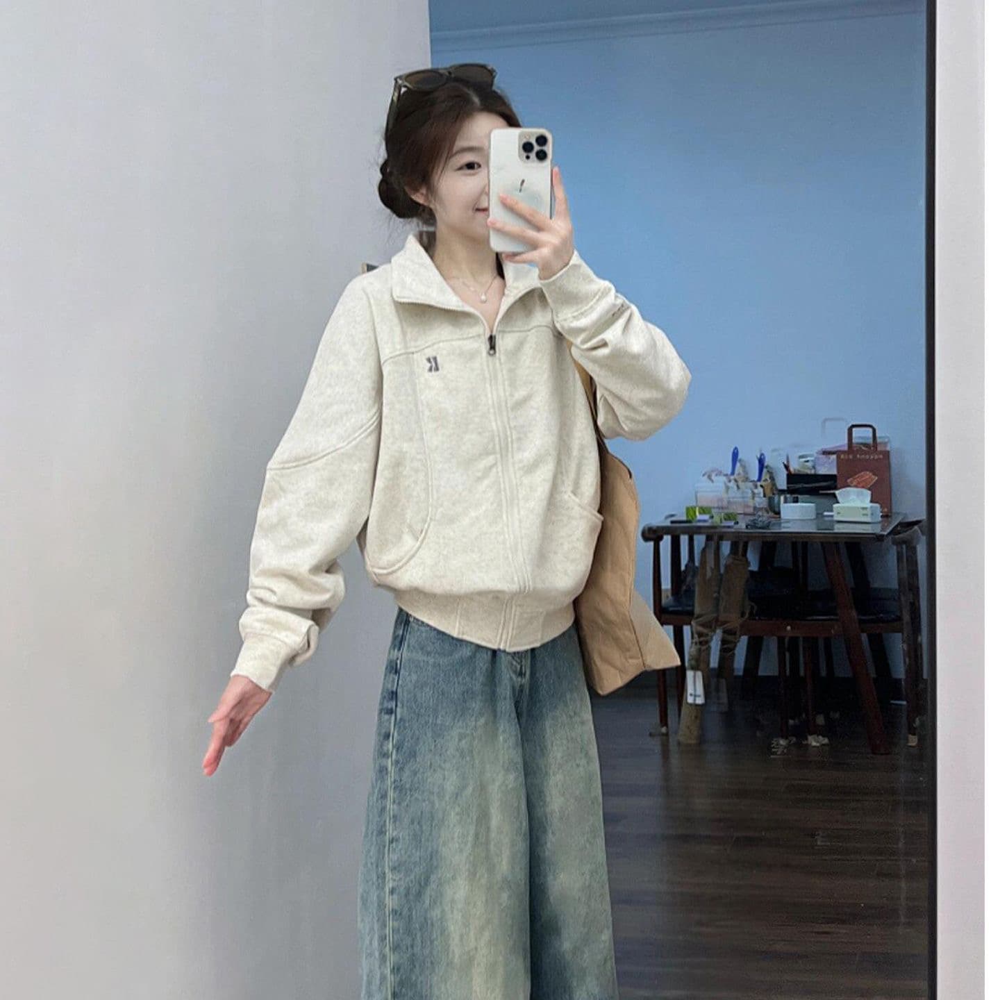 후아 면 복합 스탠드 칼라 오픈 가디건 후드티 여성 코트 아메리칸 느긋한 chic 캐주얼 재킷 지퍼 맨위 상세 이미지 4