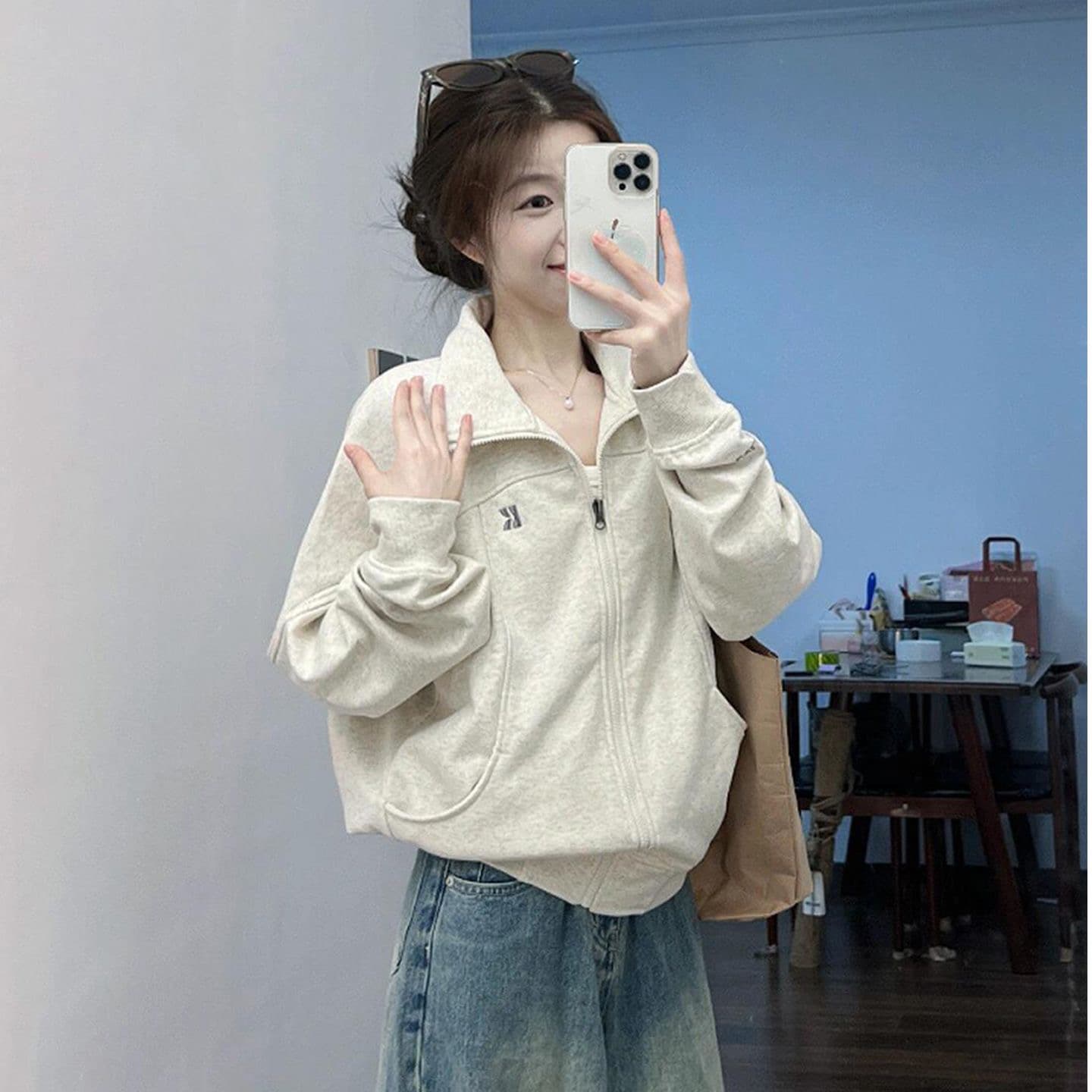 후아 면 복합 스탠드 칼라 오픈 가디건 후드티 여성 코트 아메리칸 느긋한 chic 캐주얼 재킷 지퍼 맨위 상세 이미지 1