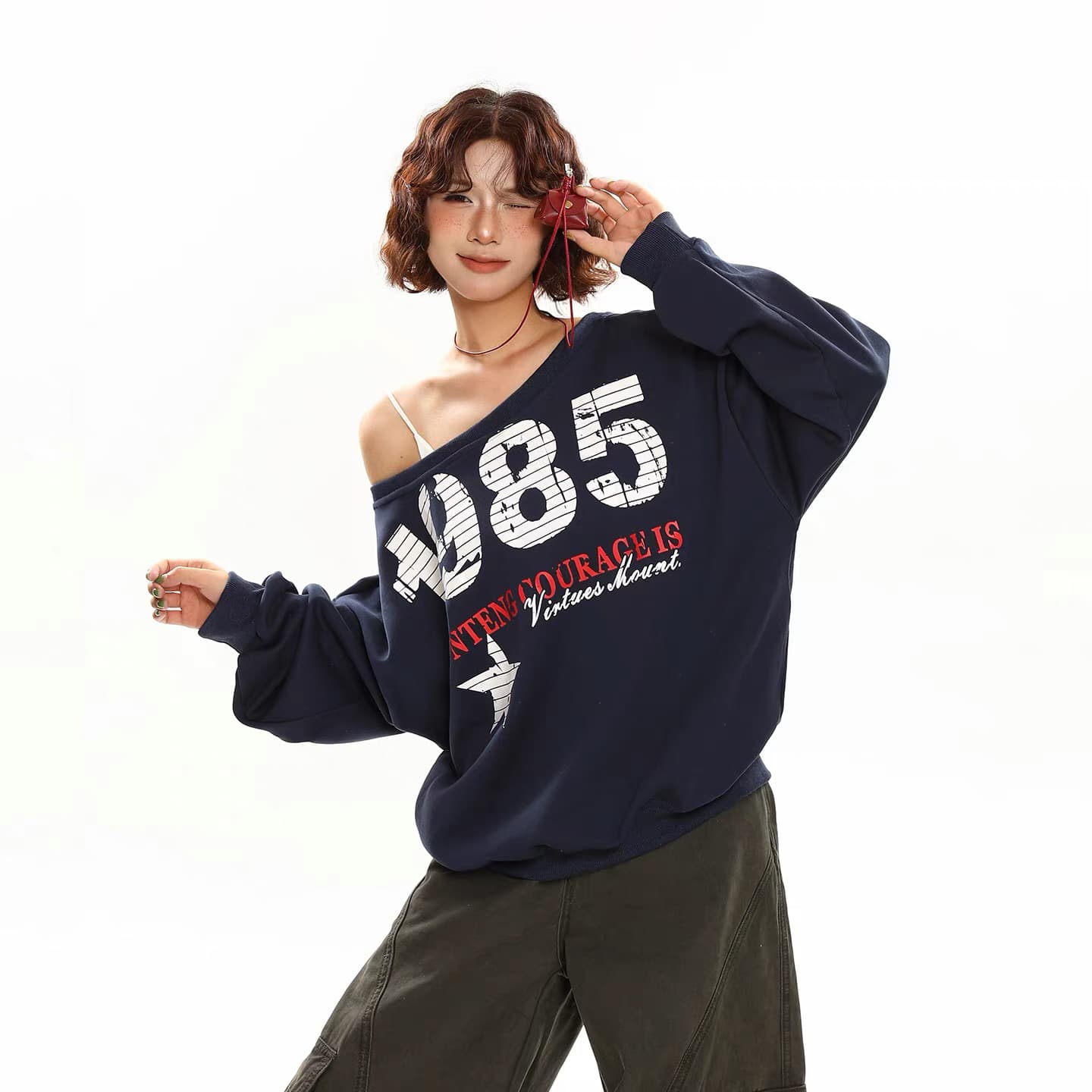아메리칸 별 알파벳 프린트 비스듬한 어깨 후드티 여성 가을 루즈핏 캐주얼 ins 맨위 이미지 4