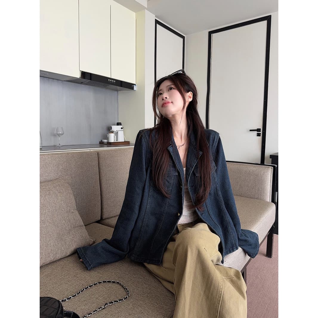 폴로 칼라 주머니 긴팔 마 오래된 카우보이 바깥 세트 여성 의류 2026 봄 새로운 한 부서 레트로 루즈핏 다용도 맨위 이미지 2