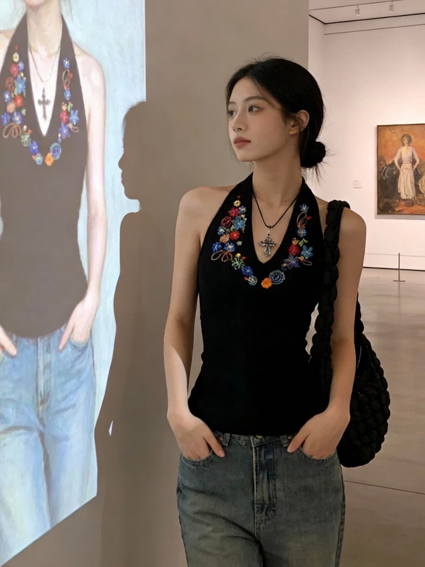 사람들 면 모달 2 2 와 사고 방식 260 그램 아메리칸 섹시함 핫걸 바람 V넥 행침 목 슬립 맨위 상세 이미지 2