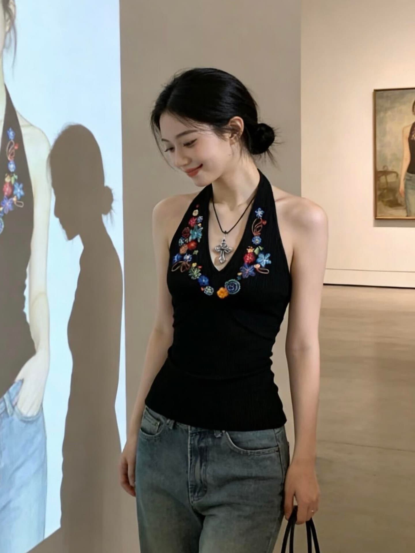 사람들 면 모달 2 2 와 사고 방식 260 그램 아메리칸 섹시함 핫걸 바람 V넥 행침 목 슬립 맨위 상세 이미지 3