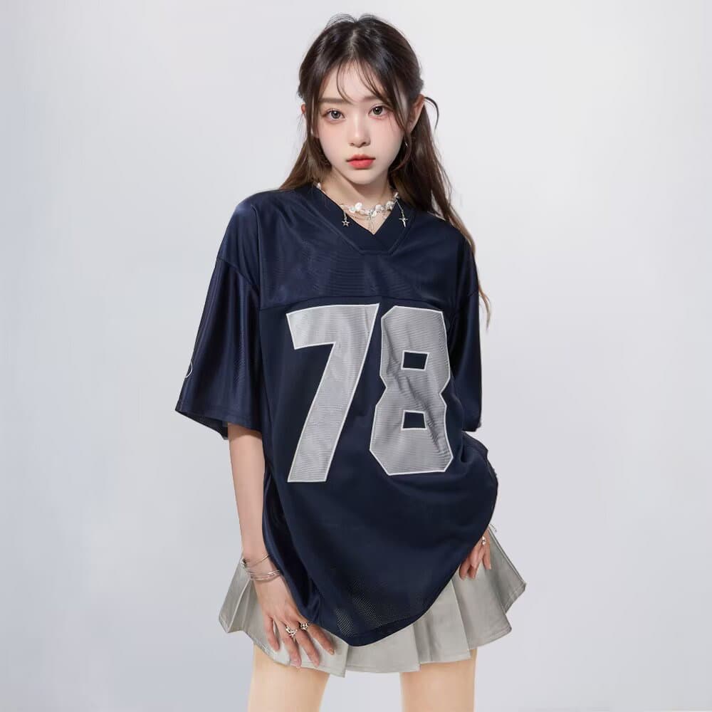 아메리칸 레트로 V넥 숫자 운동 캐주얼 저지 반팔 티셔츠 남녀 조수 브랜드 루즈핏 도루 센스 하프