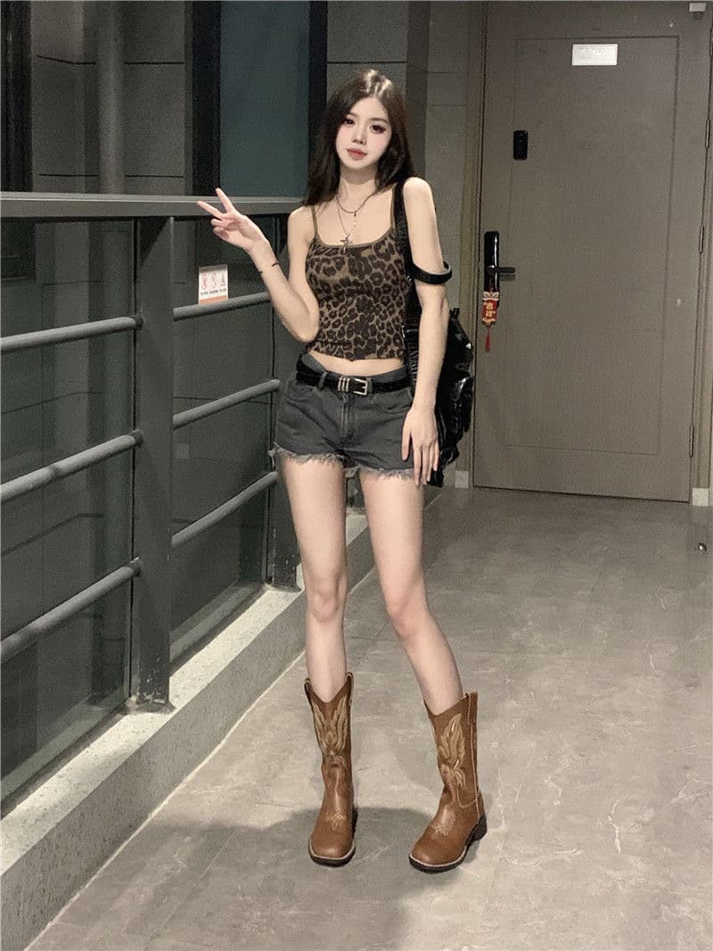 레오파드 무늬 달콤한 핫걸 섹시함 슬립 여름 순수한 욕망 몸매 가꾸기 디자인 센스 쇼트 스타일 이미지 3