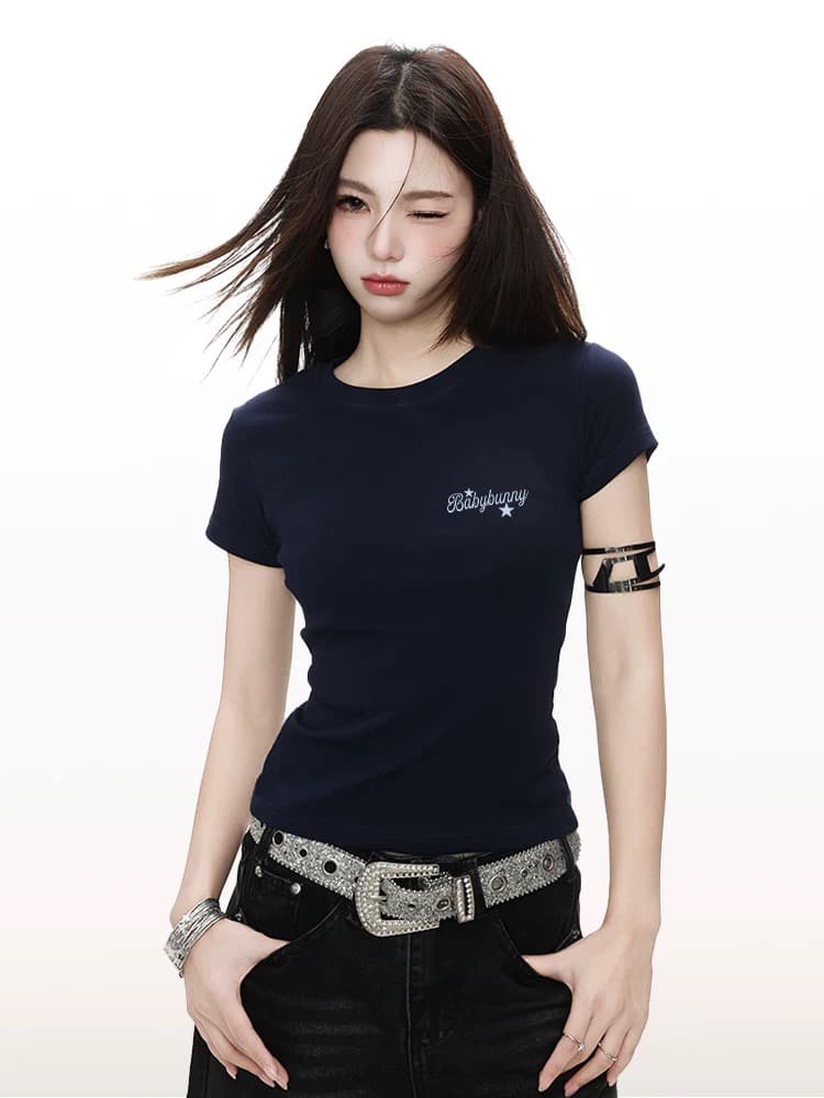 아메리칸 알파벳 긍정적 인 어깨 반팔 티셔츠 여성 여름 새로운 작은 대중 몸매 가꾸기 핫걸 바람 맨위
