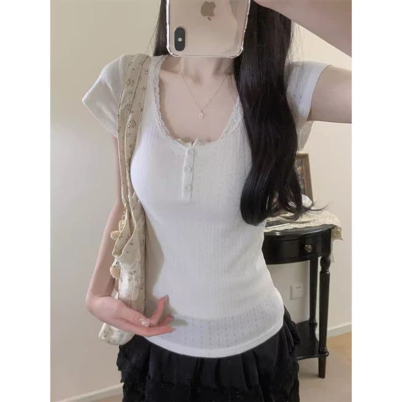 자카드 원단 달콤함 레이스 레이스 패치워크 디자인 센스 티셔츠 상세 이미지 2