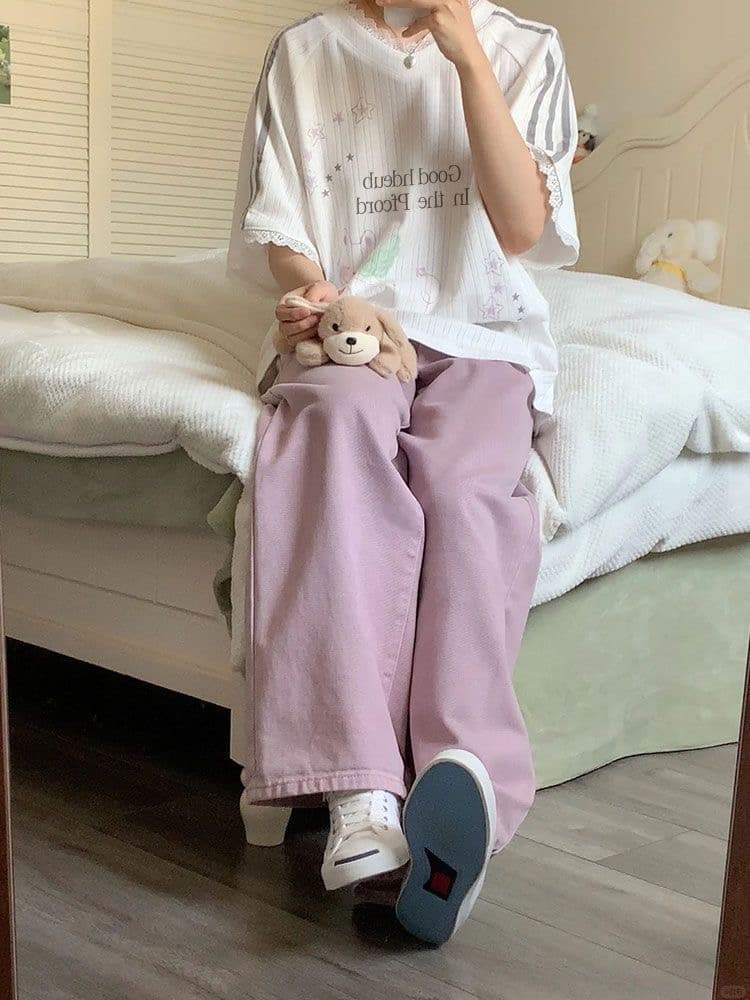 광저우 원단 이후 패키지 프린트 패치워크 레이스 루즈핏 반팔 티셔츠 여성 이미지 4