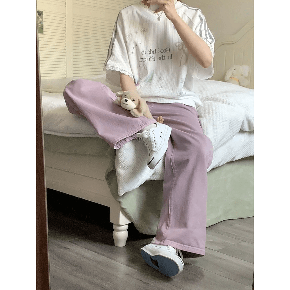 광저우 원단 이후 패키지 프린트 패치워크 레이스 루즈핏 반팔 티셔츠 여성 이미지 5