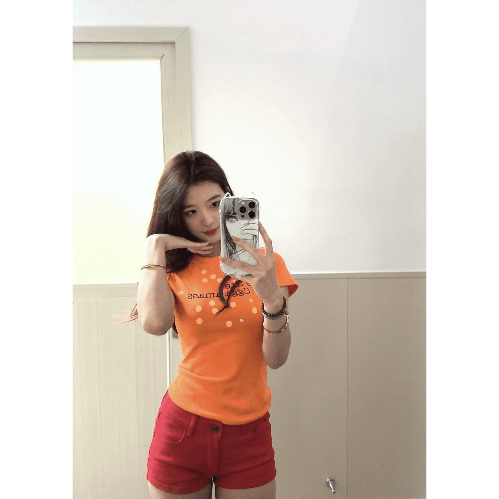 아메리칸 레트로 긍정적 인 어깨 라운드 넥 프린트 반팔 티셔츠 이미지 5