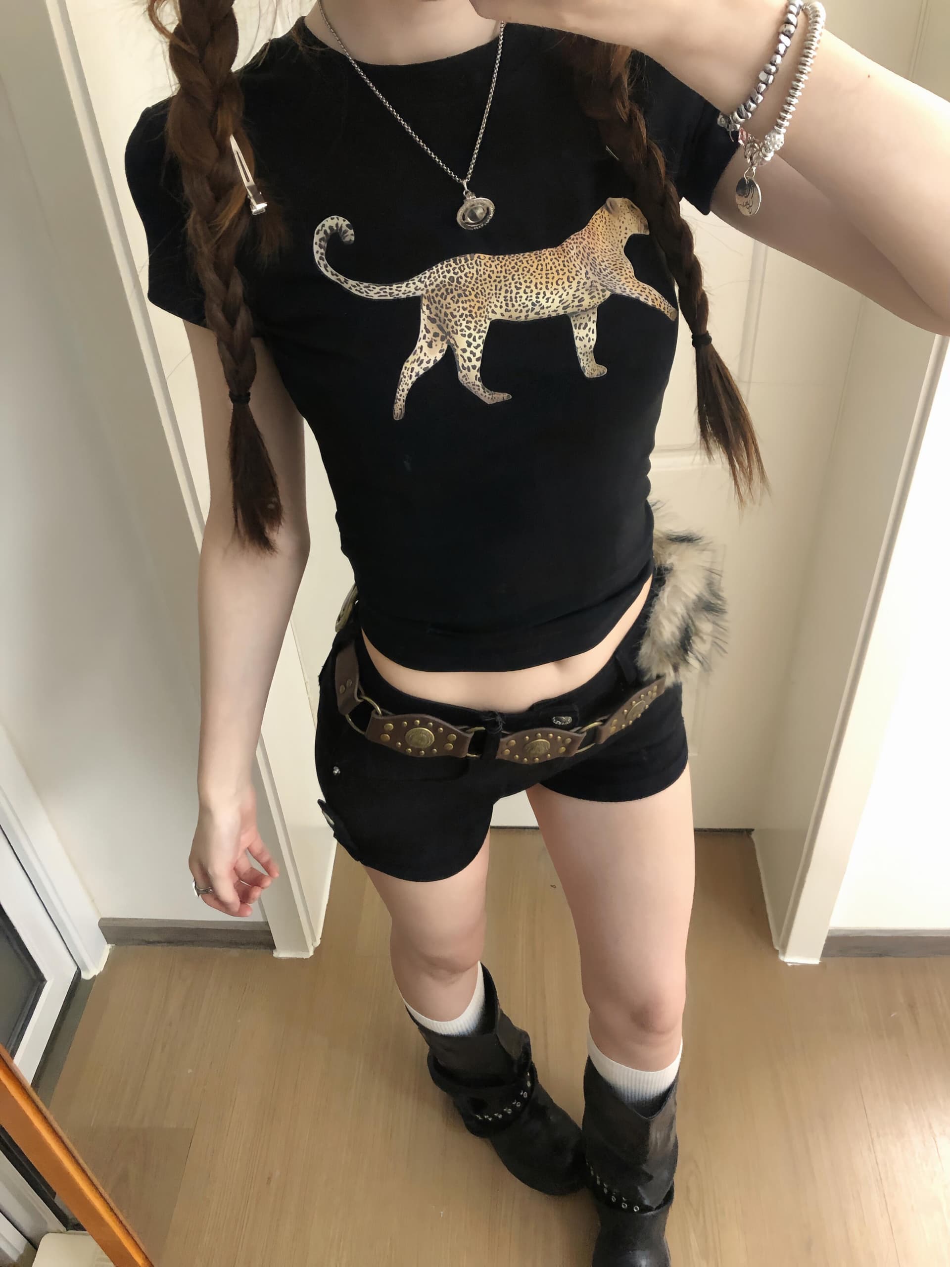 아메리칸 레트로 긍정적 인 어깨 라운드 넥 프린트 반팔 티셔츠 상세 이미지 7
