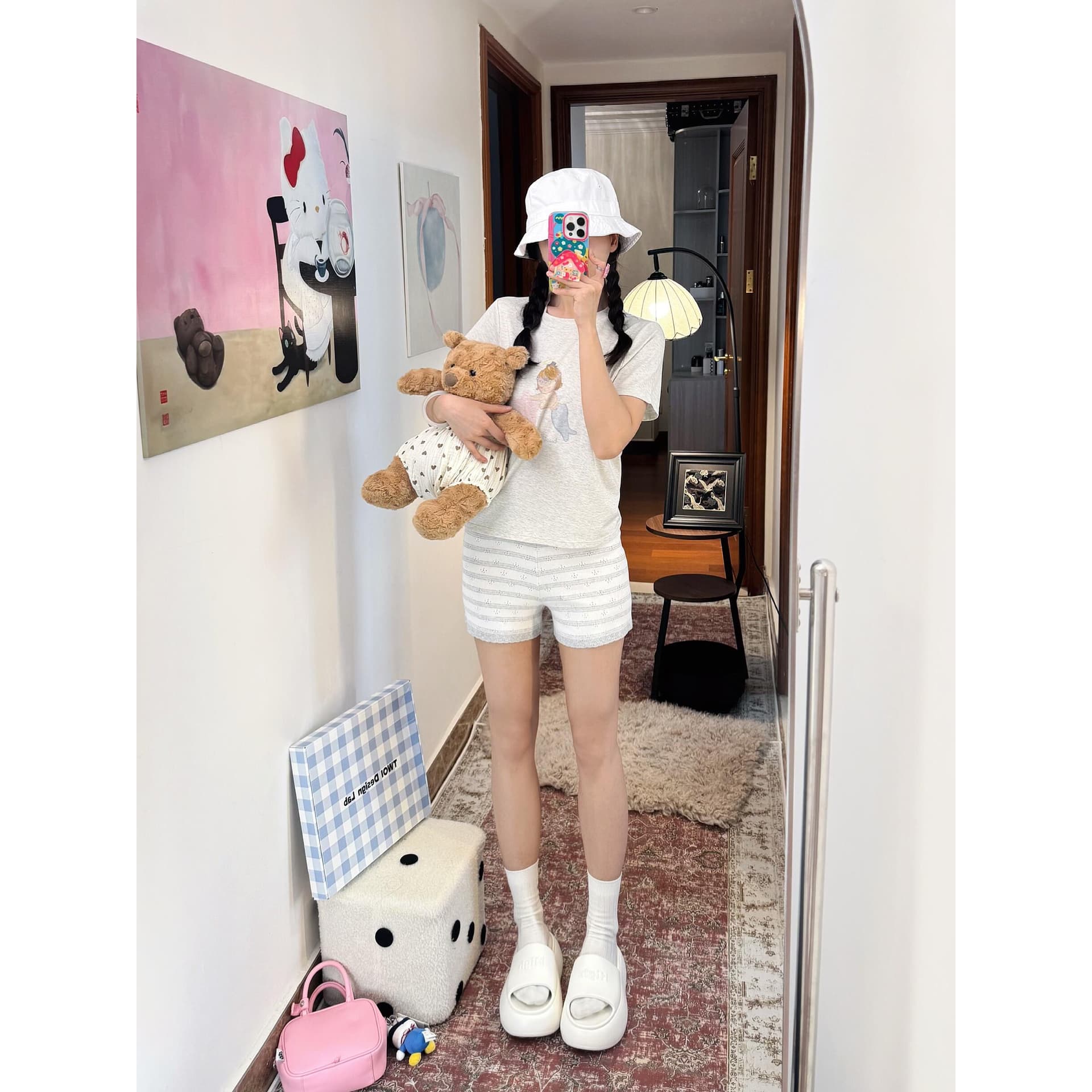 아메리칸 레트로 긍정적 인 어깨 라운드 넥 프린트 반팔 티셔츠 이미지 5