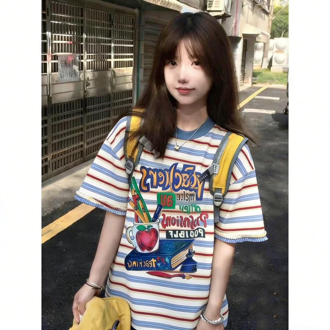 빅 사이즈 300 근 순면 티셔츠 여성 2026 여름 아메리칸 새로운 배색 레이스 스트라이프 다용도 시간 상세 이미지 2