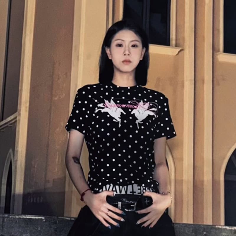한 부서 새로운 패션 디자인 센스 라운드 넥 도트 무늬 프린트 반팔 티셔츠 상세 이미지 4