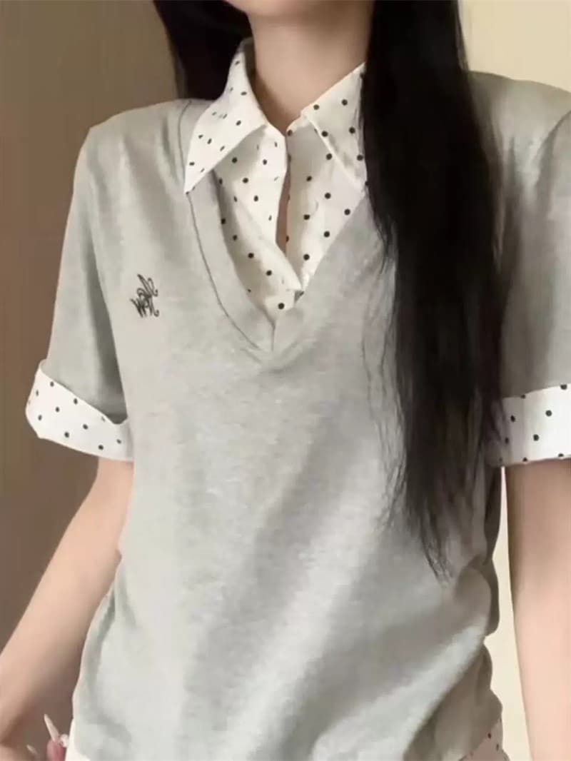 자수 40 순면 220 그램 반팔 페이크 레이어드 이미지 3