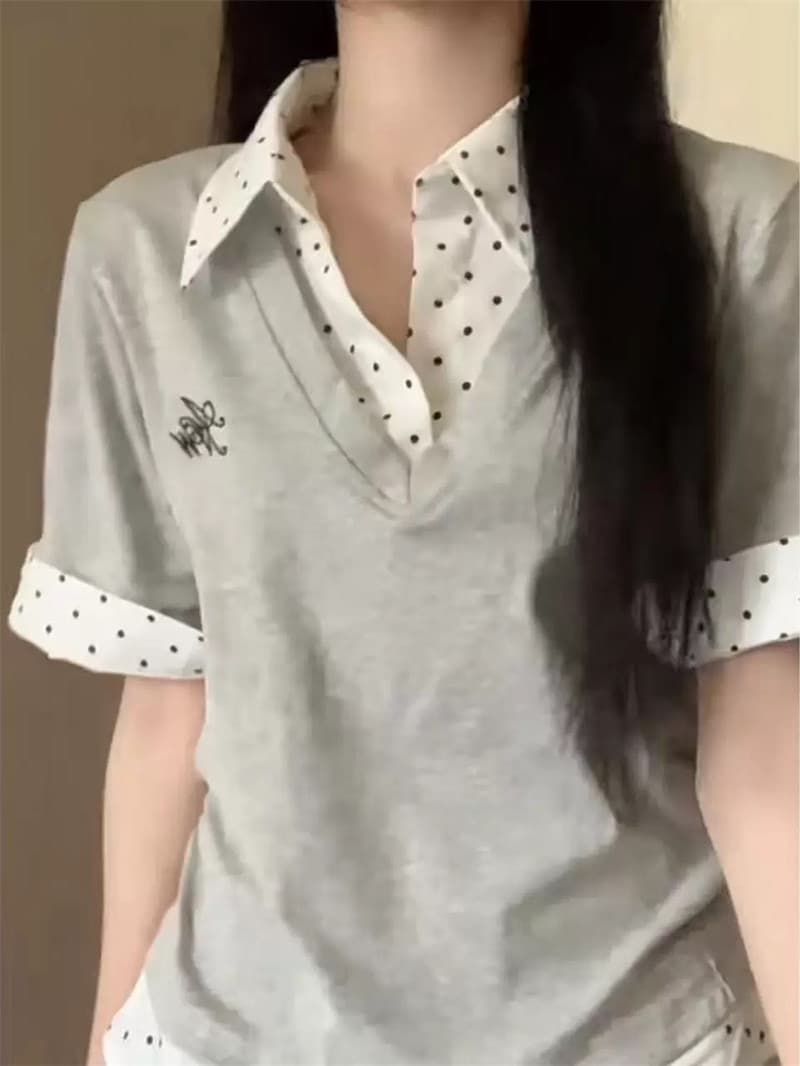 자수 40 순면 220 그램 반팔 페이크 레이어드 상세 이미지 1