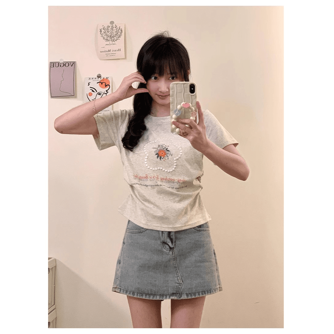 40 순면 리브 95 면 5 암모니아 Lun 반팔 긍정적 인 어깨 티셔츠 여성 여름 포밍 프린트 슬림해 보이는 허리 수축 맨위 이미지 5