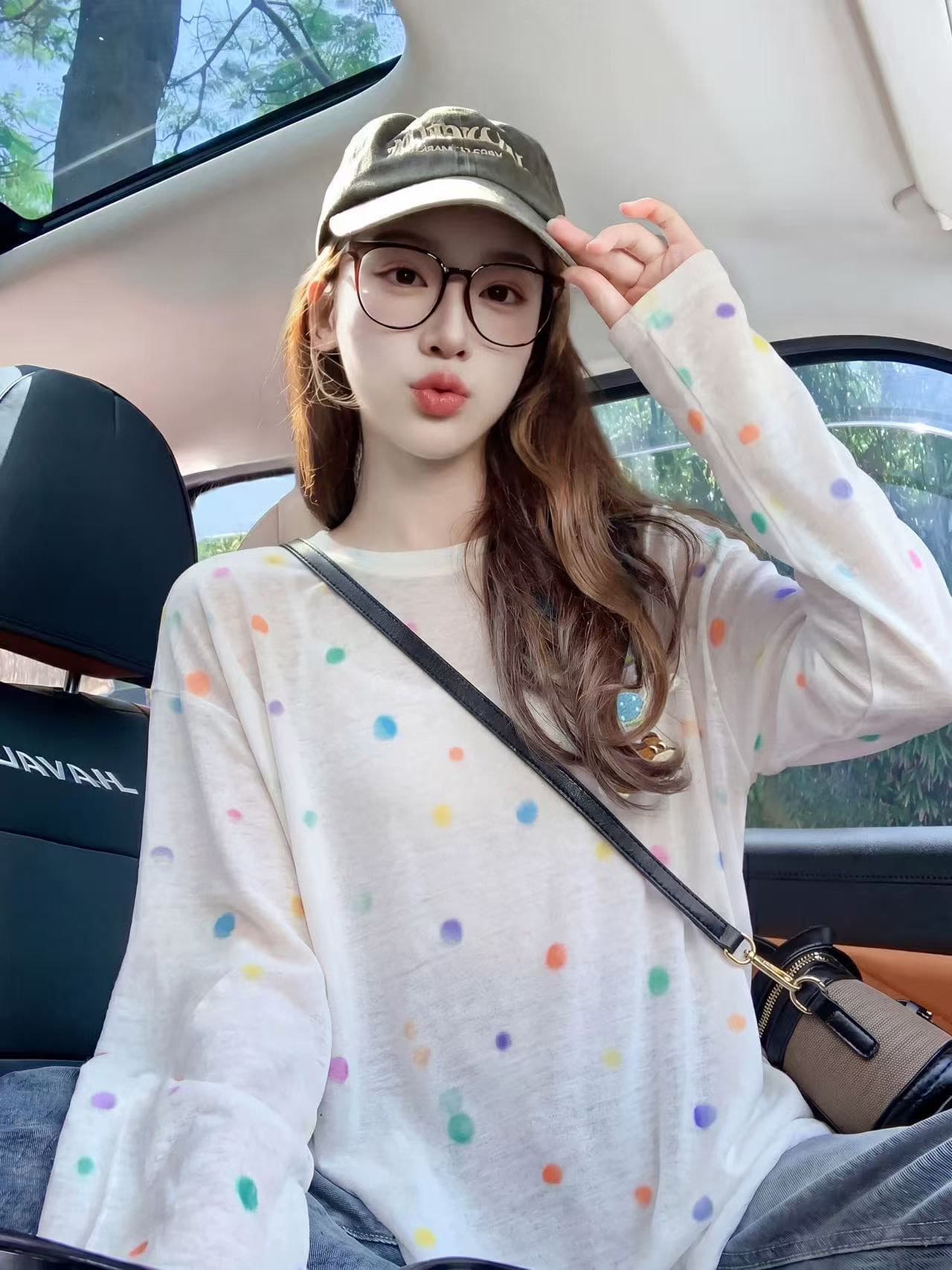 눈꽃 면 160 그램 자외선 차단 의류 색상 도트 무늬 긴팔 블라우스 티셔츠 블라우스 맨위 이미지 2