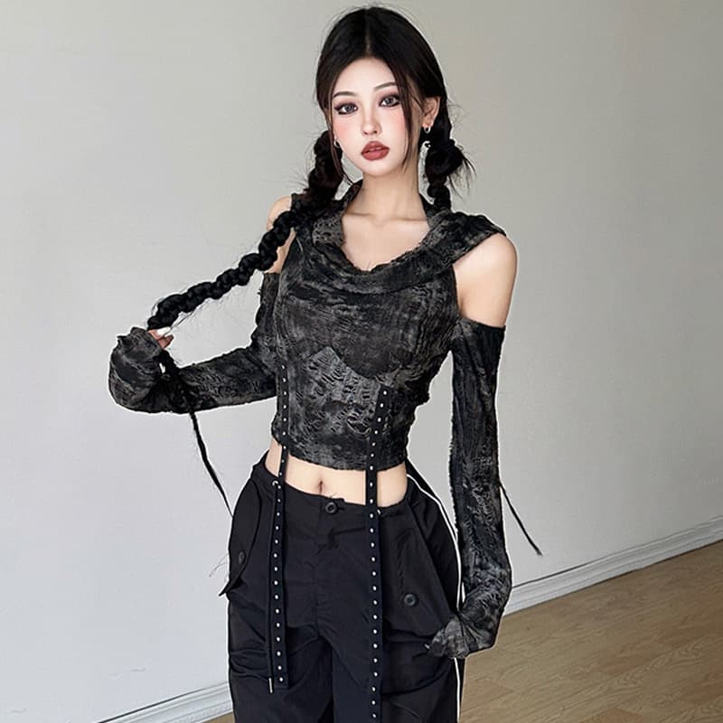 불모지 바람 수공 찢어진 후드 오프숄더 긴팔 티셔츠 여성 슬림해 보이는 하이웨이스트 개성 이미지 2