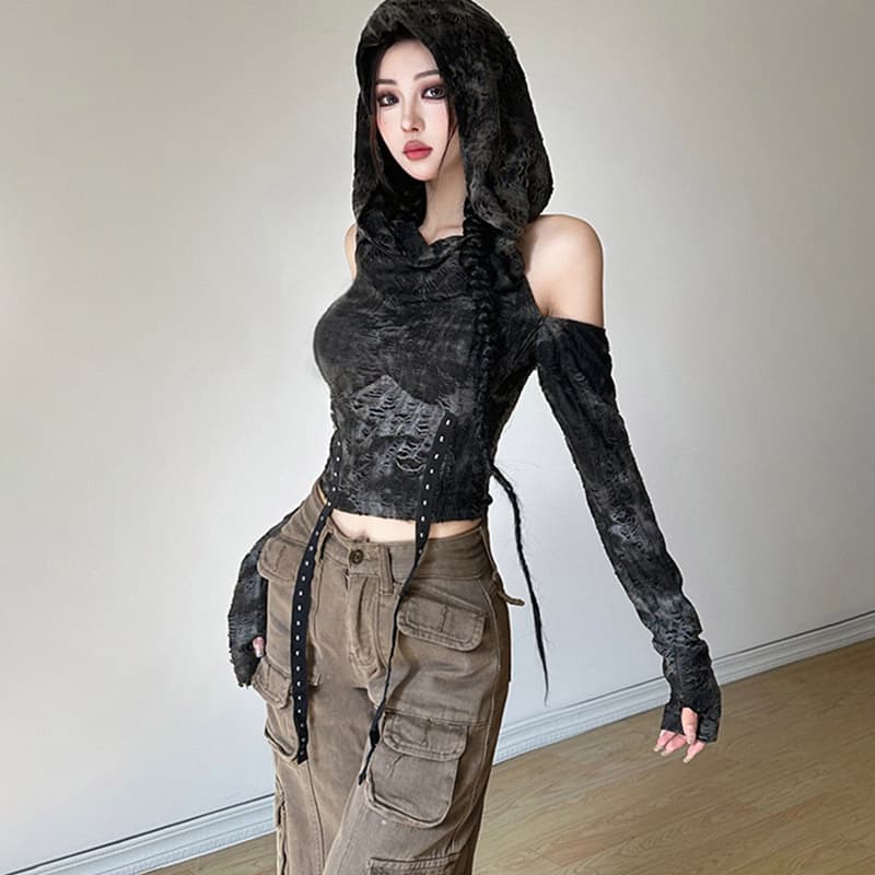 불모지 바람 수공 찢어진 후드 오프숄더 긴팔 티셔츠 여성 슬림해 보이는 하이웨이스트 개성 이미지 4