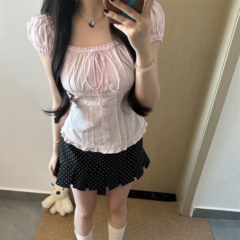 주간 실크 원단 참나무 늑골 조정 홀로우 아웃 광장 칼라 오프숄더 거품 소매 여성 소녀 센스 나비 매듭 레이스 셔츠 상세 이미지 1