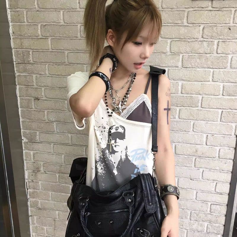 32 순면 230 크 아메리칸 레트로 비스듬한 어깨 반팔 티셔츠 여성 디자인 센스 작은 대중 여름 새로운 이미지 2