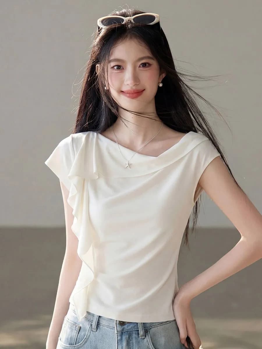 40 92 면 8 암모니아 Lun 디자인 연꽃 잎 반팔 티셔츠 여성 여름 품격 슬림해 보이는 연령 감소 몸매 가꾸기 불규칙 맨위 상세 이미지 2