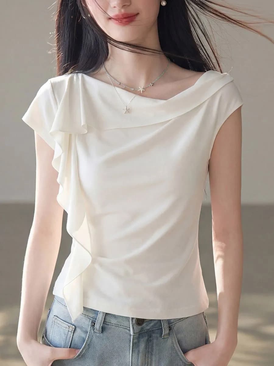 40 92 면 8 암모니아 Lun 디자인 연꽃 잎 반팔 티셔츠 여성 여름 품격 슬림해 보이는 연령 감소 몸매 가꾸기 불규칙 맨위 상세 이미지 3