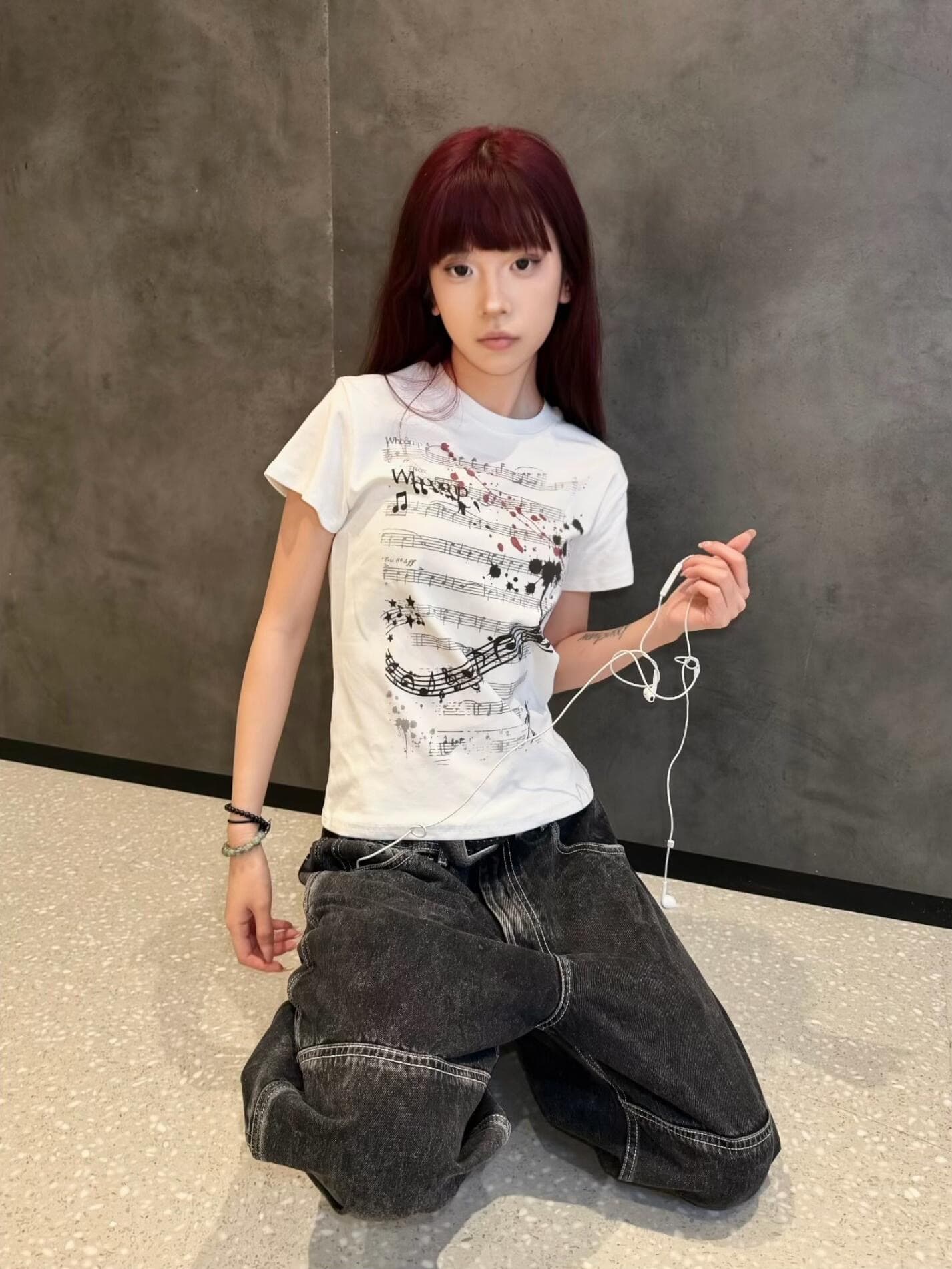 아메리칸 레트로 긍정적 인 어깨 라운드 넥 프린트 반팔 티셔츠