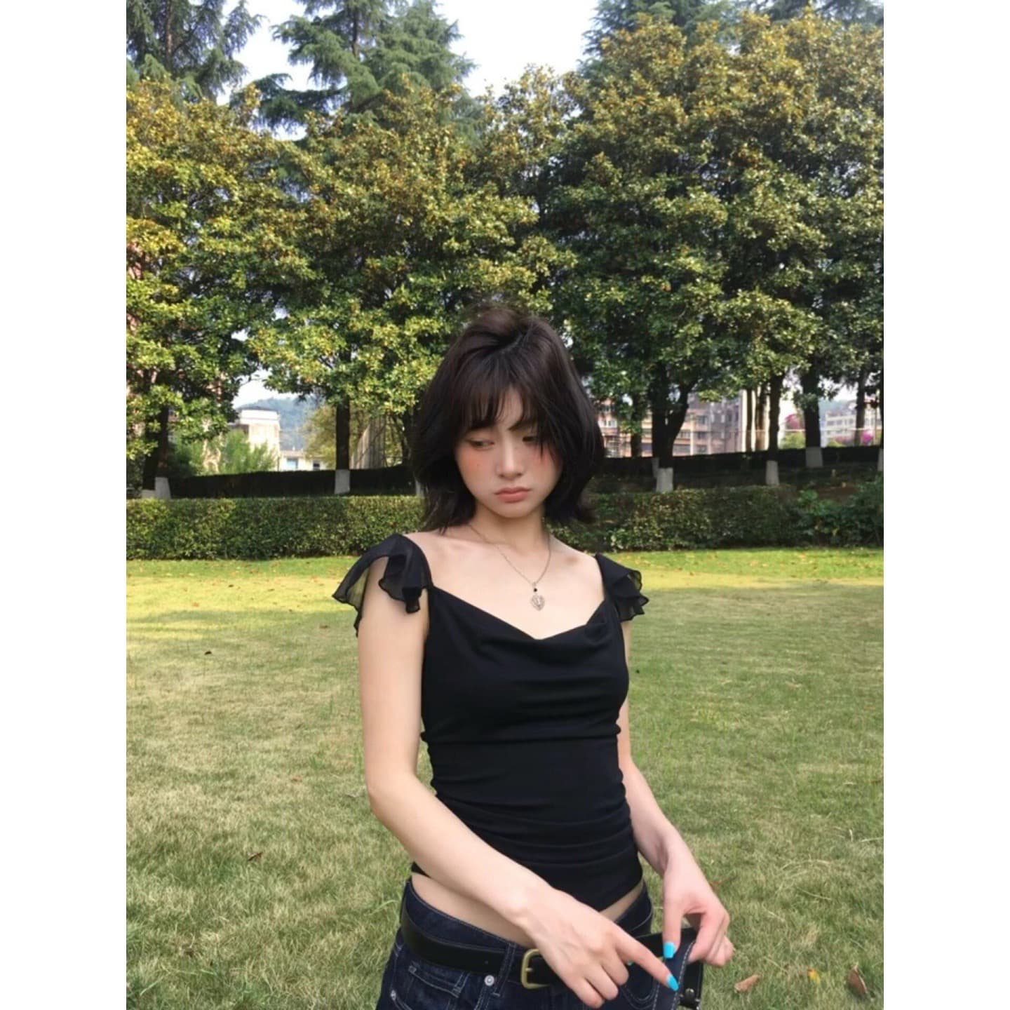 경관 그림 와 사고 방식 모달 260 그램 1 1 여름 핫걸 바람 패션 작은 날다 소매 흔들다 칼라 티셔츠 상세 이미지 2