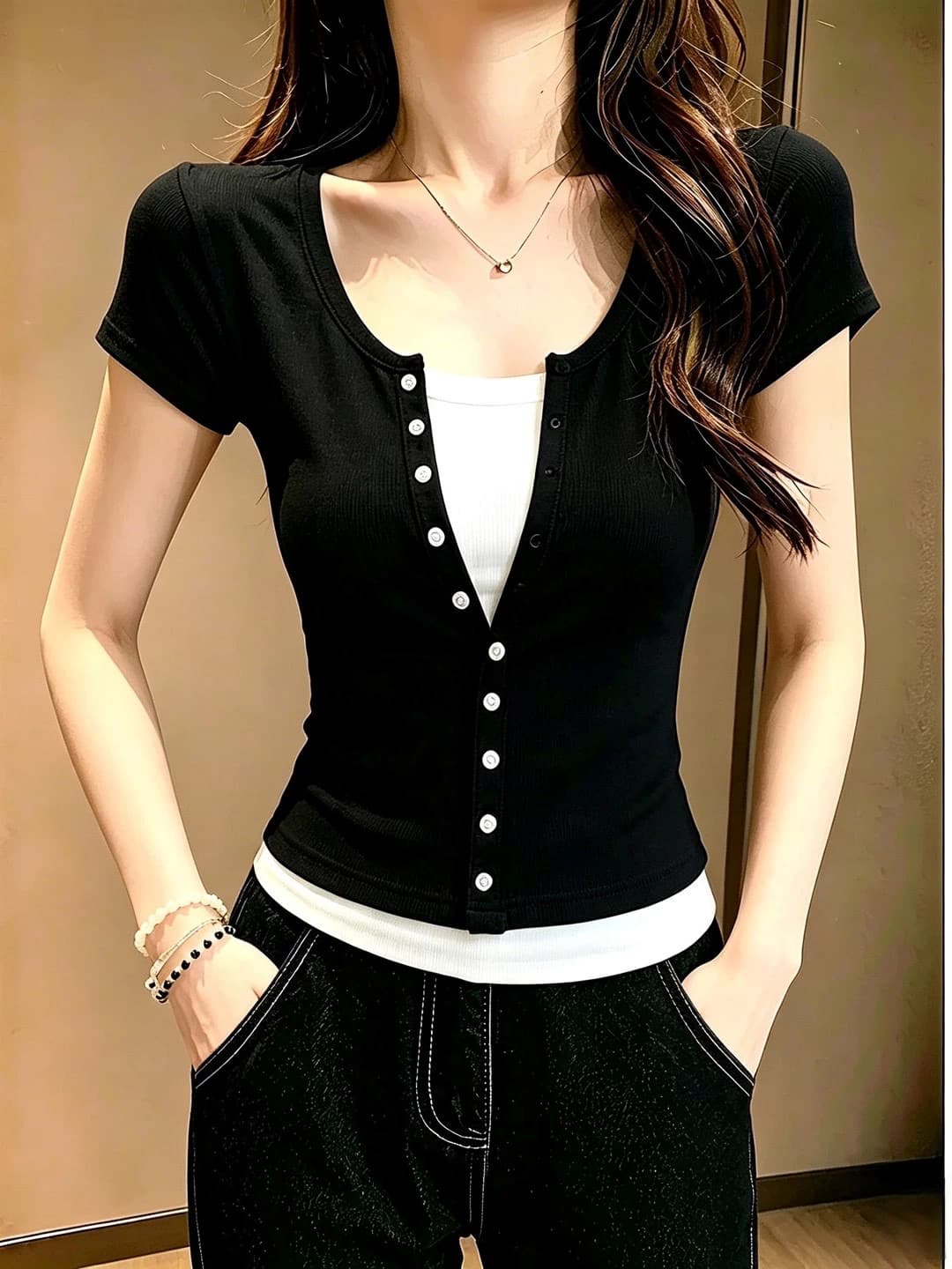 40 1 1 순면 프랑스식 chic 품격 여름 새로운 배색 페이크 레이어드 단추 몸매 가꾸기 반팔 티셔츠 상세 이미지 3