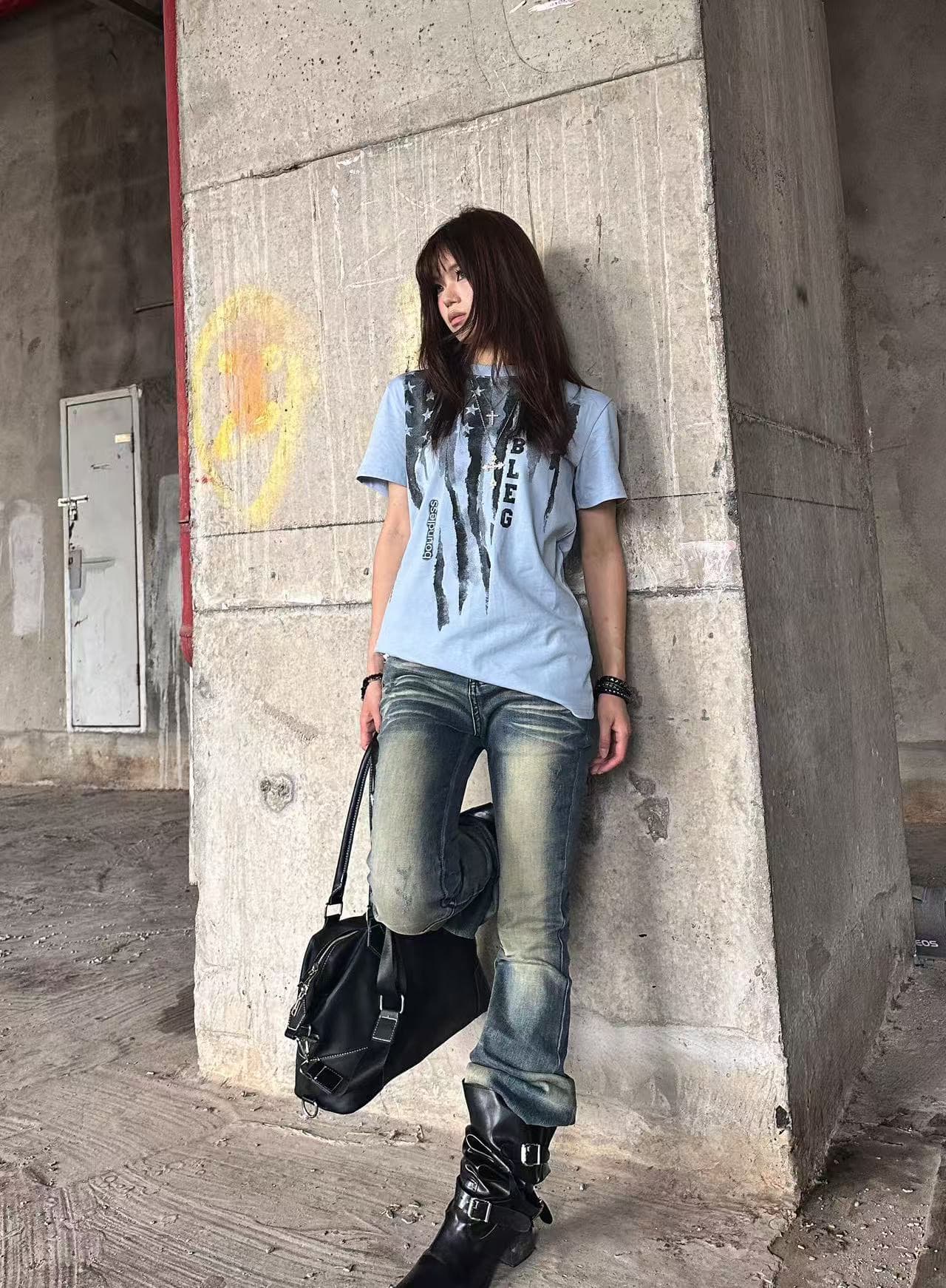 아메리칸 레트로 긍정적 인 어깨 라운드 넥 프린트 반팔 티셔츠 이미지 2