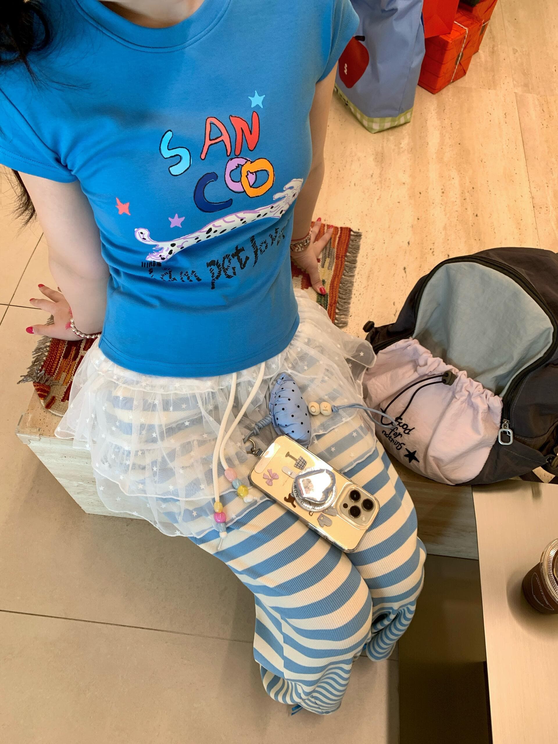 아메리칸 레트로 긍정적 인 어깨 라운드 넥 프린트 반팔 티셔츠