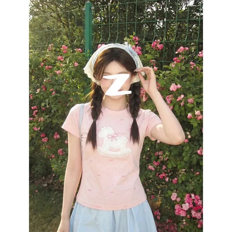40 220 그램 92 면 8 암모니아 Lun 리브 네클라인 프린트 수건 자수 몸매 가꾸기 반팔 티셔츠 상세 이미지 2