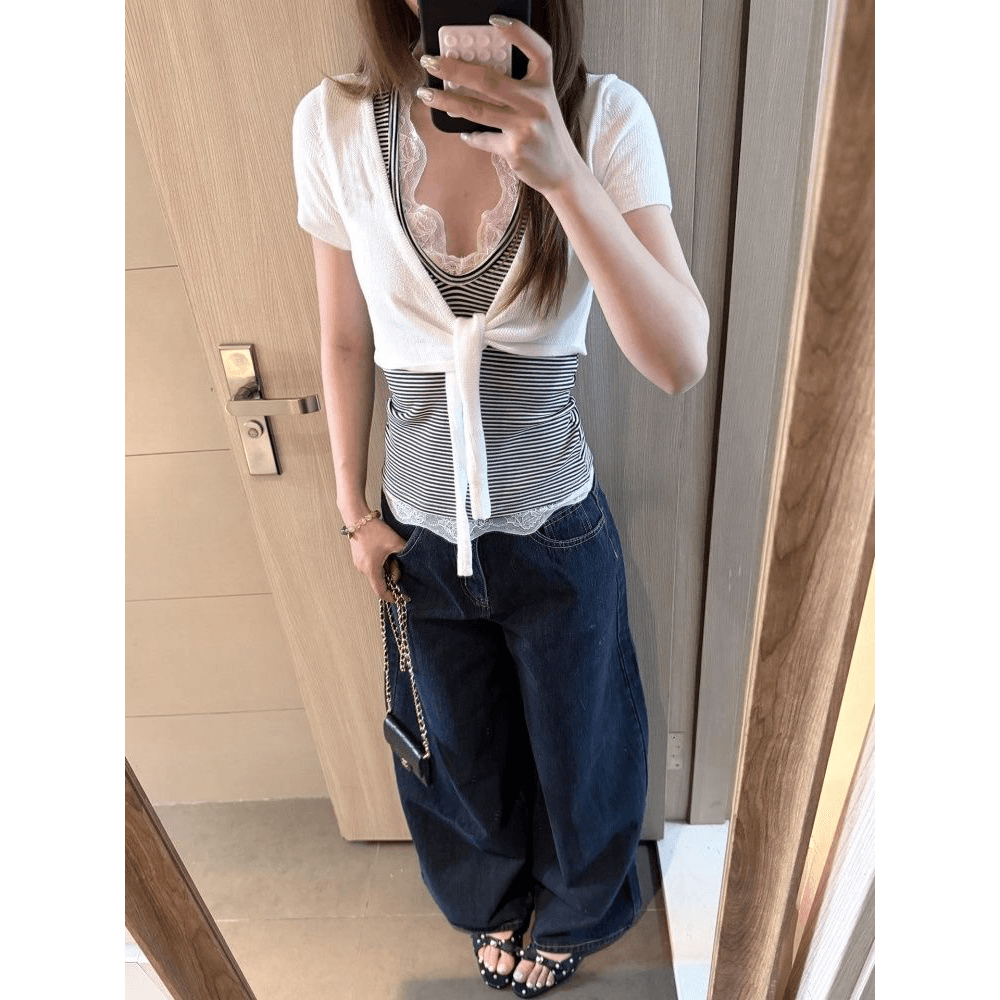 모달 스트라이프 원단 투피스 세트 레이스 반팔 스트랩 오픈 가디건 스트라이프 슬립 몸매 가꾸기 맨위 이미지 5