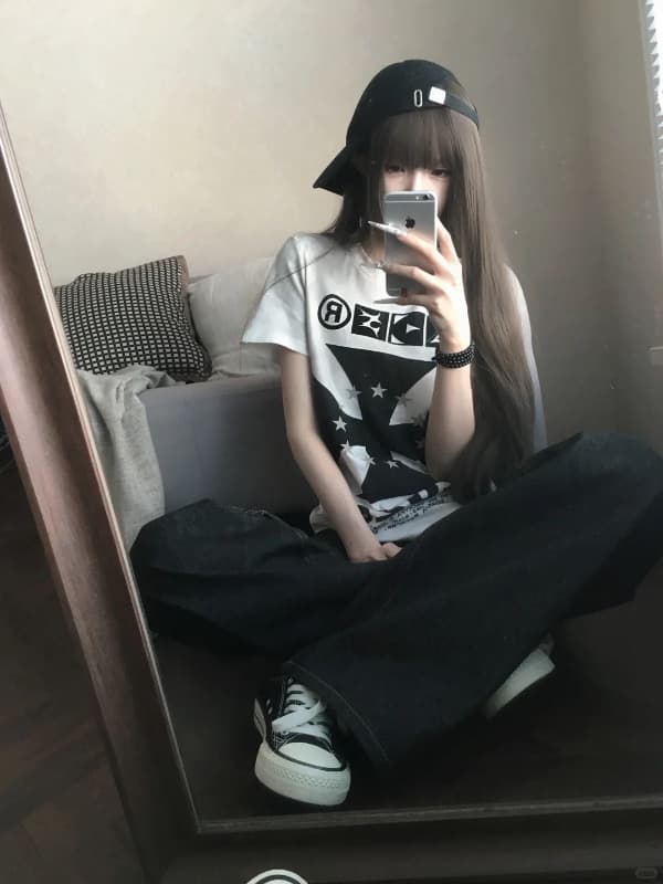 아메리칸 레트로 긍정적 인 어깨 라운드 넥 프린트 반팔 티셔츠 이미지 3