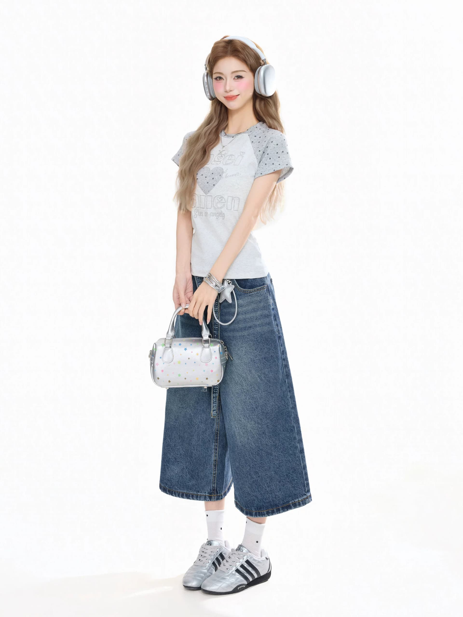 40 차가운 실크 코튼 220 그램 달콤함 귀여운 바람 하트 반팔 티셔츠 여성 이미지 4