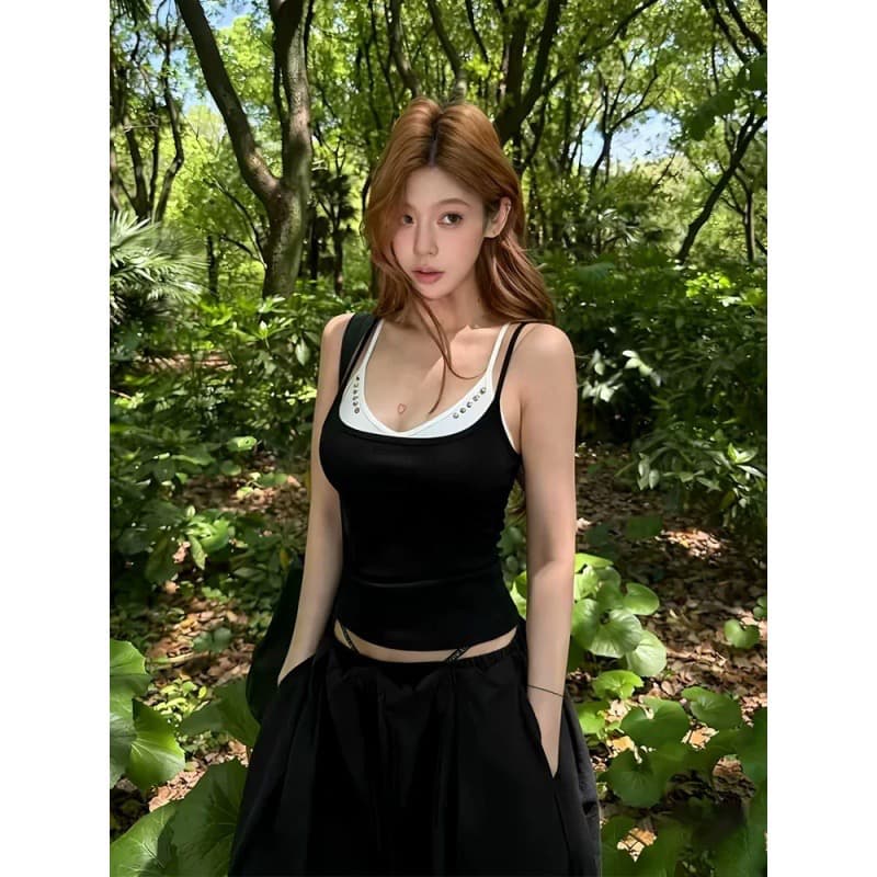 아메리칸 핫걸 작은 대중 디자인 센스 징 배색 페이크 레이어드 캐미솔 민소매 조끼 상세 이미지 5