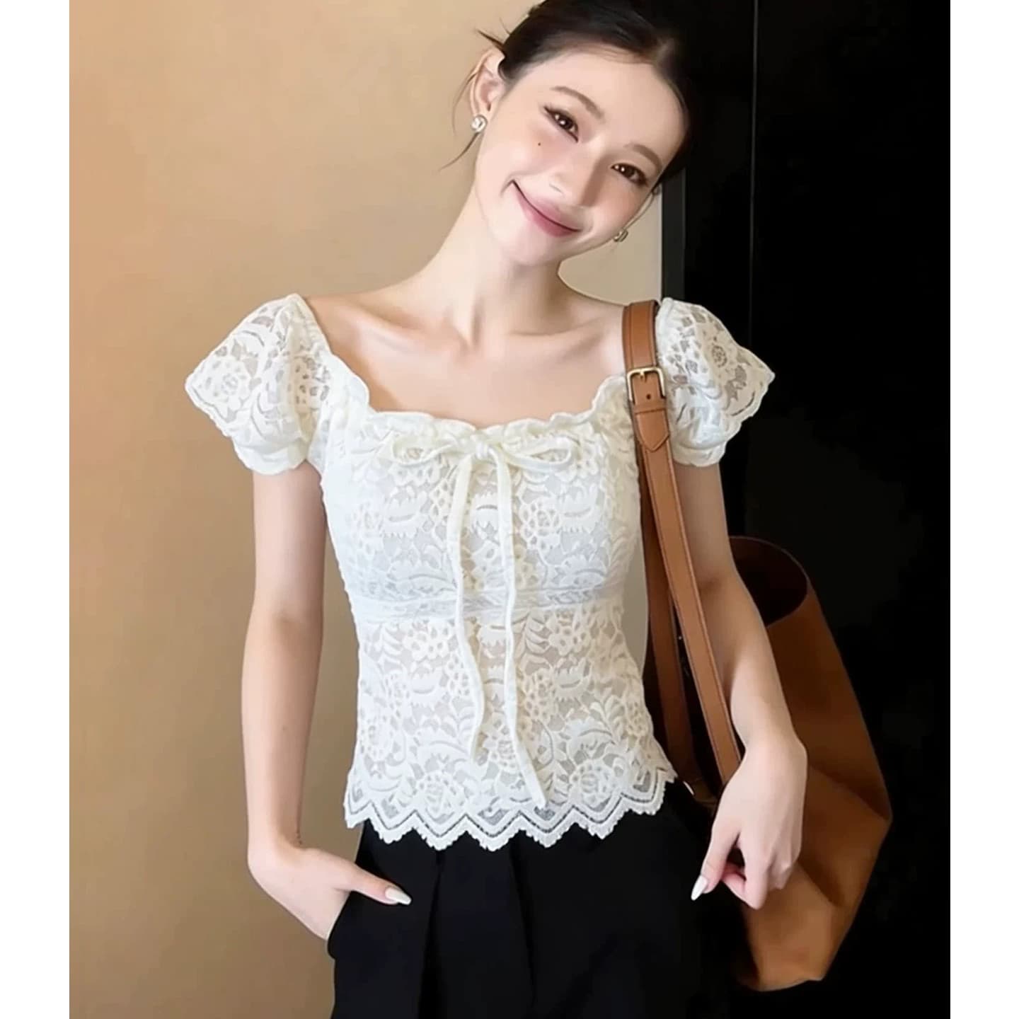 원본 원단 여름 레이스 레이스 패치워크 광장 칼라 레이스업 반팔 맨위 여성 허리 수축 슬림해 보이는 쇼트 스타일 맨위 이미지 4